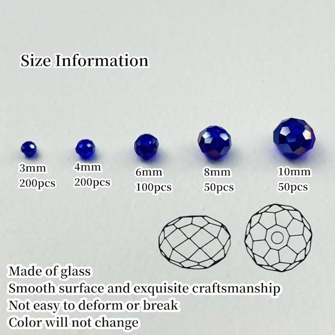 600pcs Crystal Glass Beads 3mm 4mm 6mm 8mm 10mm Rondelle Faceted Crystal Beads Spacer Beads for Necklace Bracelet Earrings DIY Jewelry Crafts Making Supplies(Deep Blue AB)