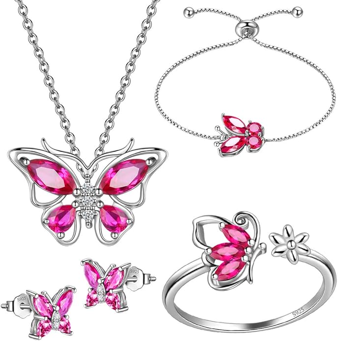 925 Sterling Silver Birthstone Butterfly Jewelry Women Crystal Animal Cute Butterflies Birthday Necklace/Earring/Ring/Bracelet Sets Birth Stone Statement Anniversary Jewellery