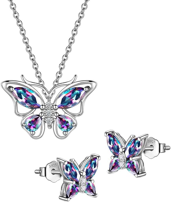 925 Sterling Silver Birthstone Butterfly Jewelry Women Crystal Animal Cute Butterflies Birthday Necklace/Earring/Ring/Bracelet Sets Birth Stone Statement Anniversary Jewellery
