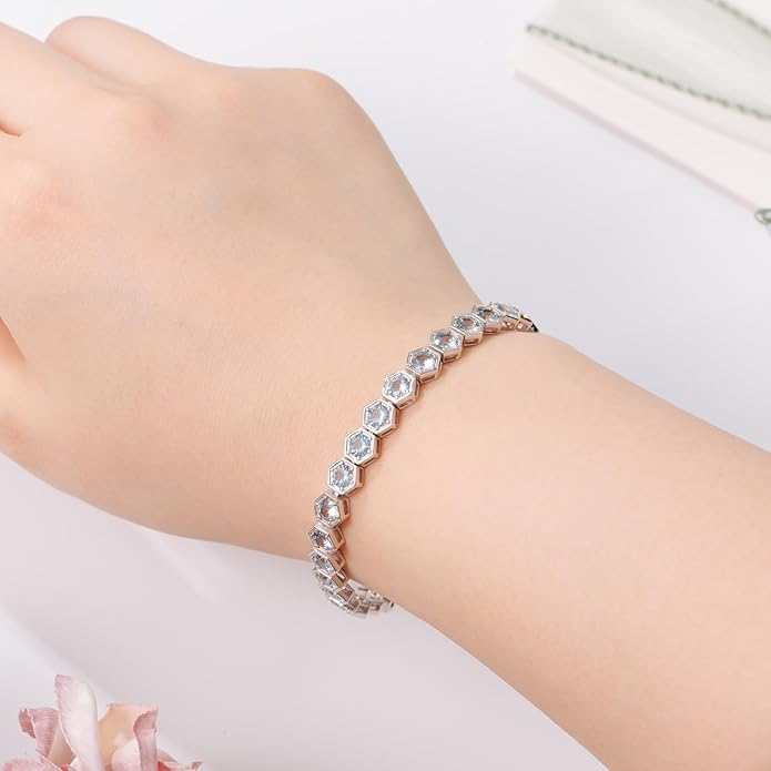 Birthstone Tennis Bracelets for Women Birthday Gifts 925 Sterling Silver Hexagon White Gold Bracelets Round Cut 5A Cubic Zirconia Prong Setting 7 Inch Anniversary Jewelry Gift