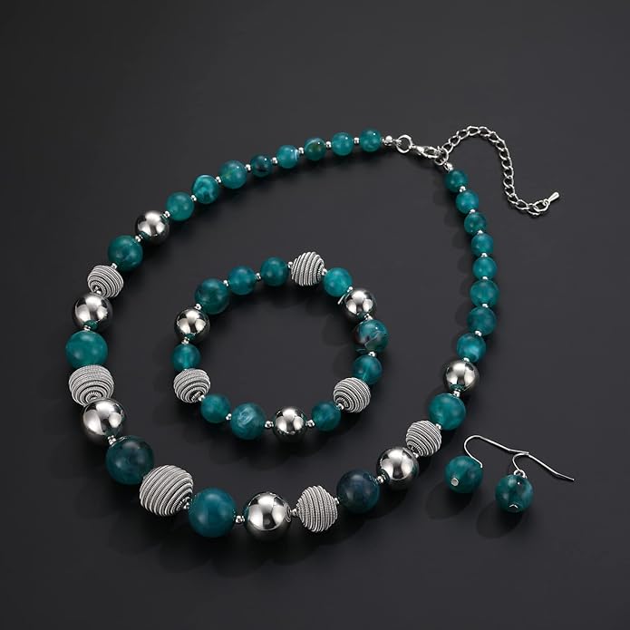 PEARL&CLUB Beaded Chunky Statement Necklace Earring and Bracelet Set Silver Metal Bead Fashion Jewelry Set Mothers’ Day Gifts for Women
