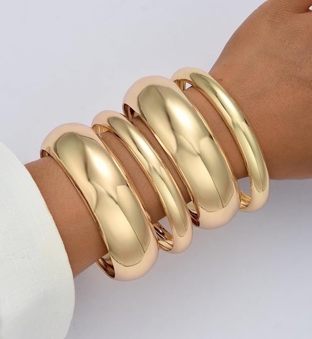 Chunky Gold Bangle Bracelets for Women, Dainty 14k Gold Plated Big Stackable Bangles Set, Trendy Cuff Bracelet Stack Fashion Jewelry Gifts
