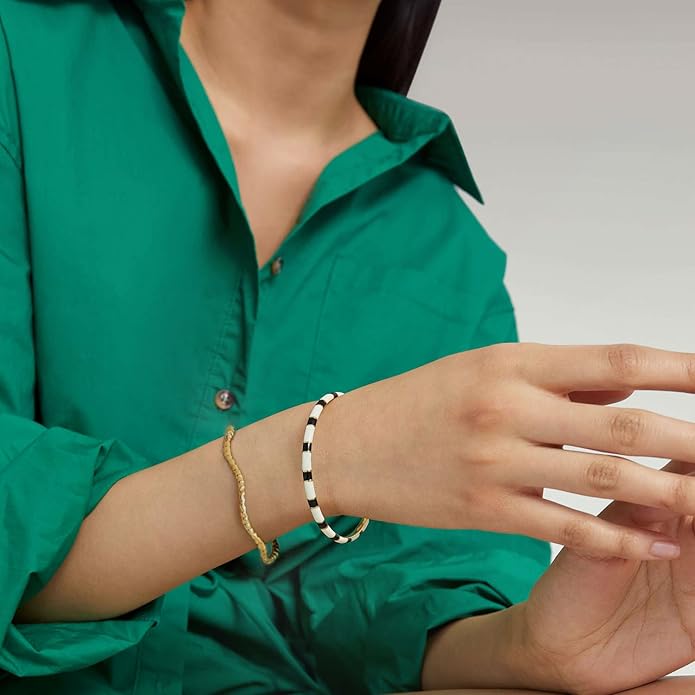 PERNNLA PEARL Dainty Gold Bar Bracelet for Women Simple Delicate Thin Cuff Bangle Hook Bracelet 18K Gold Plated Handmade Minimalist Jewelry