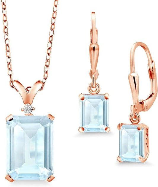 Gem Stone King 9-13 Cttw Pendant and Earrings Jewelry Set For Women | Emerald Cut 14X10MM and 8X6MM | Round 1.5MM | Gemstone Birthstone and Diamond | 925 Sterling Silver | 18 Inch Silver Chain
