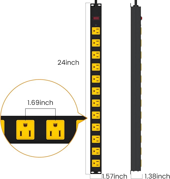 Metal 12 Outlet Mountable Power Strip, Surge Protector Heavy Duty Cord Wide Spaced and Wall Mount Metal Powerstrip for Outdoor, Desk, Garage, Industrial, Shop and Indoor (15ft)