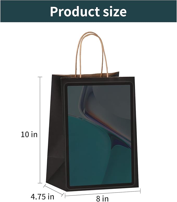Joybe 200 Pack 8x4.75x10 Inch Medium Black Kraft Paper Bags with Handles Bulk, Craft Paper Gift Bags for Party Favors Grocery Retail Shopping Business Goody Merchandise Take Out Blank Sacks (200pcs)