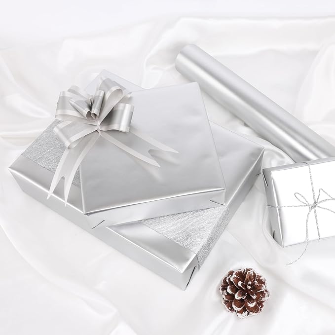 NESCCI Matte Metal Silvery Wrapping Paper, Solid Color Paper-2 Roll,17 Inches X 32.8 Feet Per Roll,Gift Wrapping Paper,Perfect for Wedding,Valentine's Day, Birthday,Baby Shower