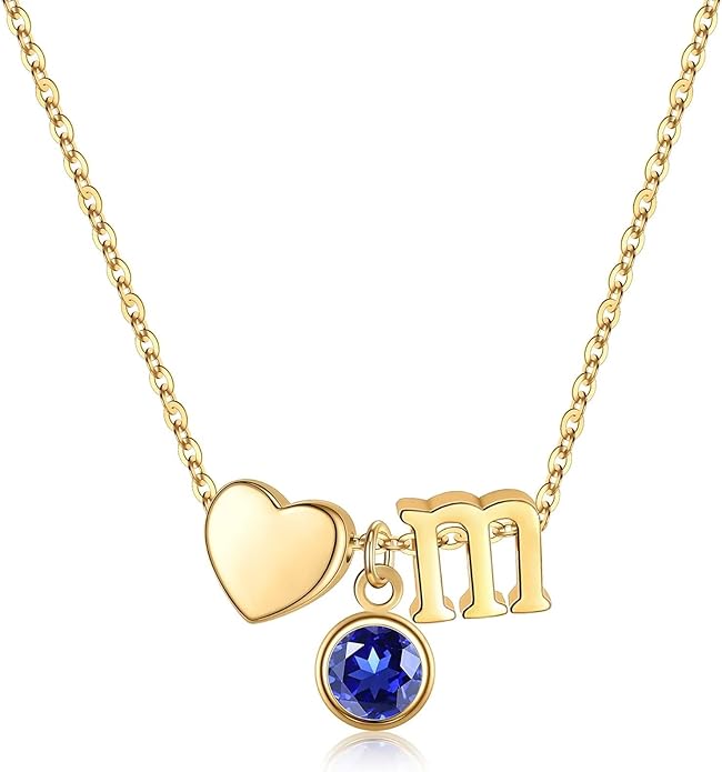 Ursilver Initial Birthstone Necklace for Women - Heart Initial Birthstone Pendant Necklace Personalized Gifts Birthday Gifts for Women