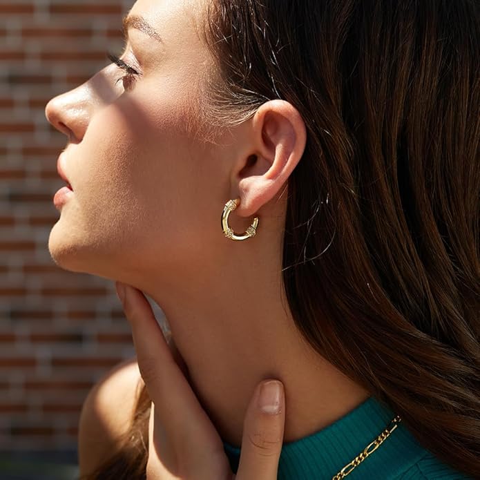 Gold Earrings for Women Girls,14K Gold Plated Hoop Earrings with 925 Sterling Silver Post Cubic Zirconia Stud Earring Huggie Hoops Earrings