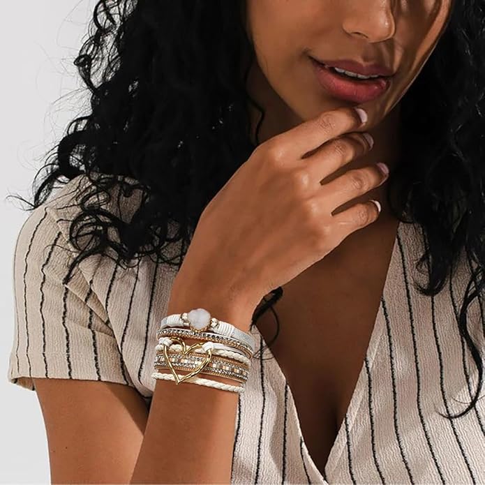 Suyi Multilayer Leather Wrap Bracelet Heart-Shape Wide Cuff Bracelets for Women