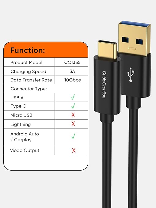 CableCreation USB C to USB A Cable 1FT, Type C to USB 3.1 USB 3.2 Gen2 10Gbps USB A to C Data Cable, Android Auto Cord 3A for USB-C External SSD MacBook Pro iPad, Galaxy S24/S23+, iPhone 16/15, Black