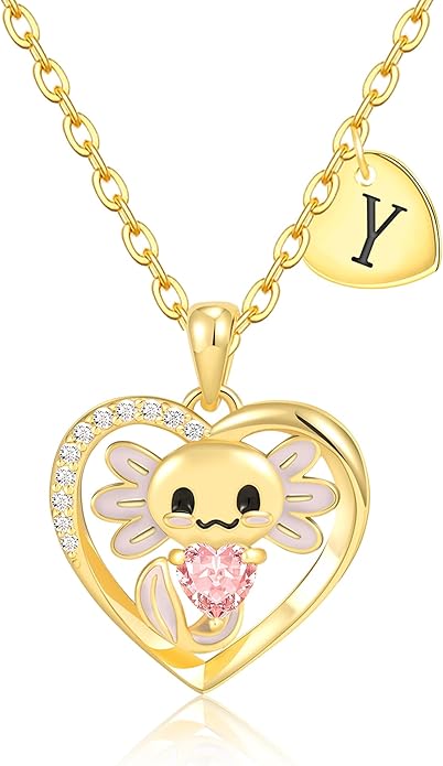 C-leen Axolotl Valentines Day Gifts for Her, 14K Gold Plated Axolotl Initial Necklace Cute Heart Initial Pendant Necklaces Birthday Valentines Day Gifts for Kids Girls Women