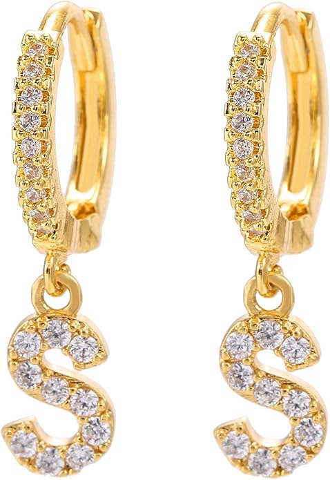 14K Gold Dangle Drop Initial Earrings for Women Dainty CZ Huggie Hoop Name Letter Earrings S925 Sterling Silver Post with Cubic Zirconia Hypoallergenic Gifts Jewelry