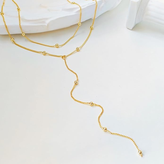 Luxval Lariat Gold Necklace for Women, Dainty Long Necklace 14k Gold Plated/Silver Y-Shaped Pendant Necklaces Trendy Beaded Chain Drop Necklaces Jewelry for Women Gifts