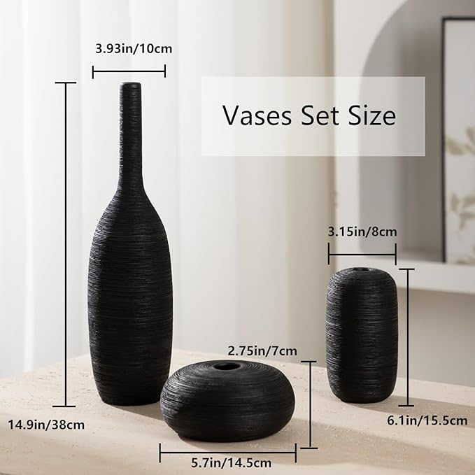Ceramic Vase Set of 3 Flower Vases Home Decor Modern Boho Rustic Farmhouse Large Decorative Aesthetic Minimalist Matte Vases for Centerpieces Living Room Table Shelf (Black)