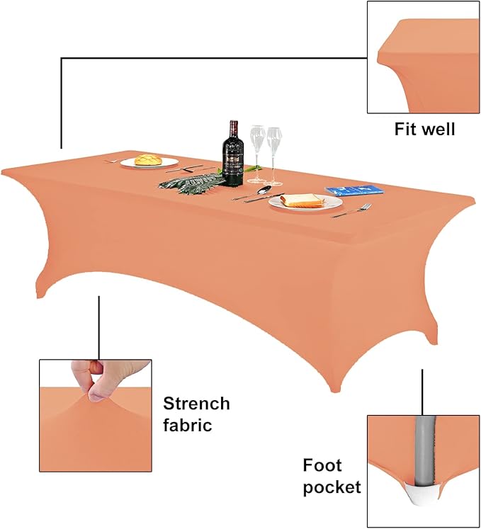 FORLIFE Spandex Table Cover - Fitted 8ft Rectangular Tablecloth, Stretch Patio Cover, Universal for Wedding, Banquet, Party (Peach)