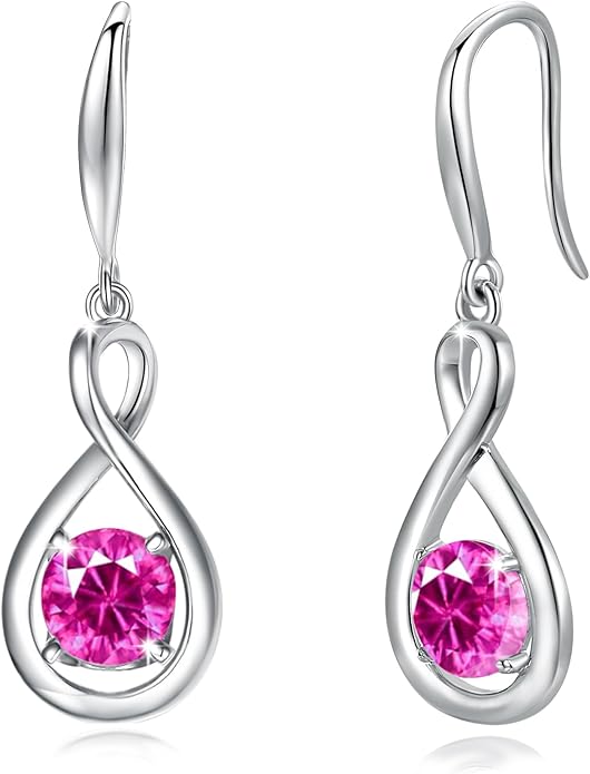 FANCIME Valentines Day Gift Dangle Drop Earrings 925 Sterling Silver Dainty Infinity Round Gemstone Birthstone Jewelry Birthday Gifts for Her Women
