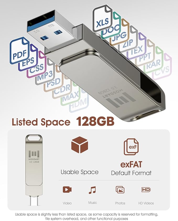 MOSDART 128GB USB3.1 Fast Speed C and A Dual Flash Drive, exFAT Memory Stick with Keychain Loop, for iPhone 15 and 16, Android Phone, iPad, MacBook, Silver