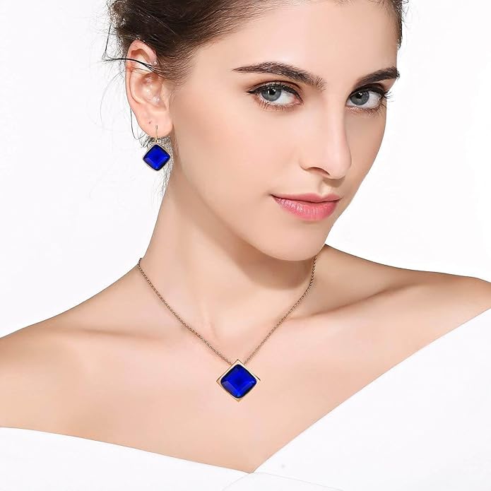 EVEVIC Square Austrian Crystal Necklace Earrings for Women Fashion 18K Gold Plated Hypoallergenic Jewelry Set