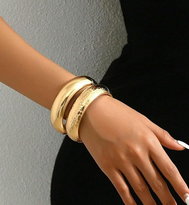 Chunky Gold Bangle Bracelets for Women, Dainty 14k Gold Plated Big Stackable Bangles Set, Trendy Statement Cuff Bracelet Stack Fashion Jewelry Christmas Gifts