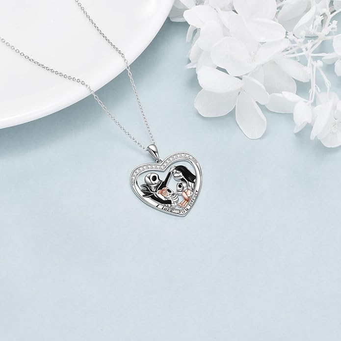 LILALO Nightmare Necklace Sterling Silver Abalone Shell Crystal Jack and Sally Necklace Jack Skellington Skull Jewelry Skull Necklaces for Women