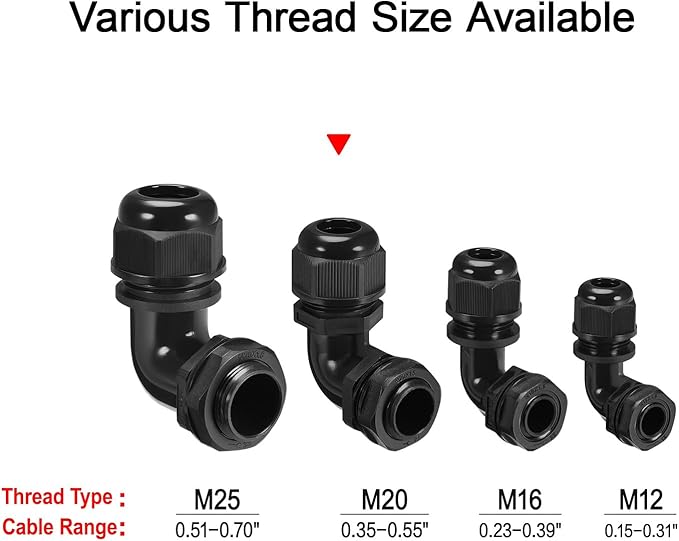 LeMotech M20 Cable Gland, 90 Degree Adjustable 9-14mm Strain Relief, Cord Connectors Nylon Joints with Gaskets, 2 Pcs, Black