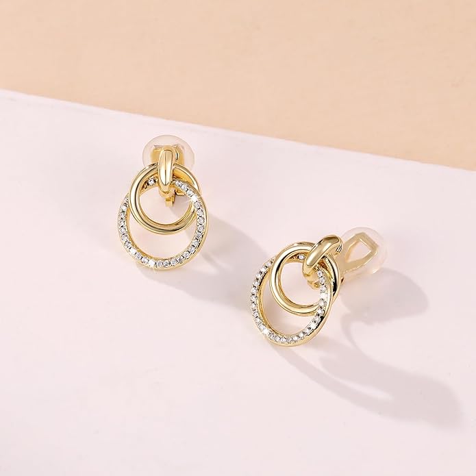 14K Gold Plated Chunky Clip On Earrings for Women 14k Gold Knot Link Clip Earrings Silver Rhinestone Hoop Clip On Earrings Jewelry for Women