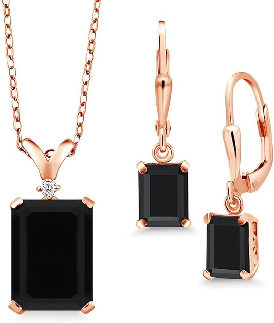 Gem Stone King 9-13 Cttw Pendant and Earrings Jewelry Set For Women | Emerald Cut 14X10MM and 8X6MM | Round 1.5MM | Gemstone Birthstone and Diamond | 925 Sterling Silver | 18 Inch Silver Chain