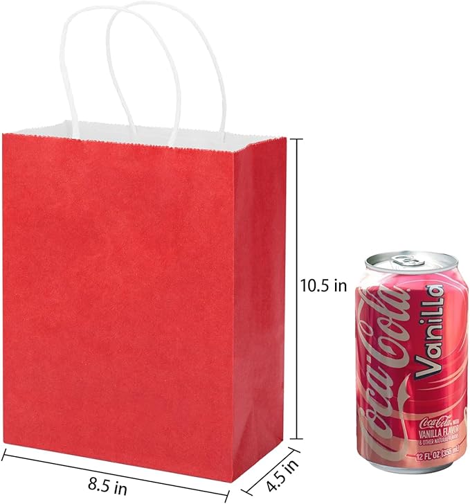 MOZRRO Gift Bags, 100 Pack 10.5x8.5x4.5 Inch, Paper Bags with Handles, Red, Medium Size, Recyclable, Eco-Friendly, Birthday, Wedding, Bulk, Party, Lunch Bags