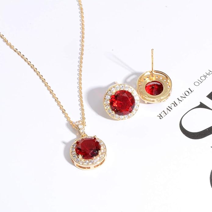 Bridal Crystal Jewelry Set - Sterling Silver Round Cubic Zirconia CZ Rhinestone Halo Birthstone Pendant Necklace Stud Earrings Set for Wedding Bride Bridesmaids Birthday Gift