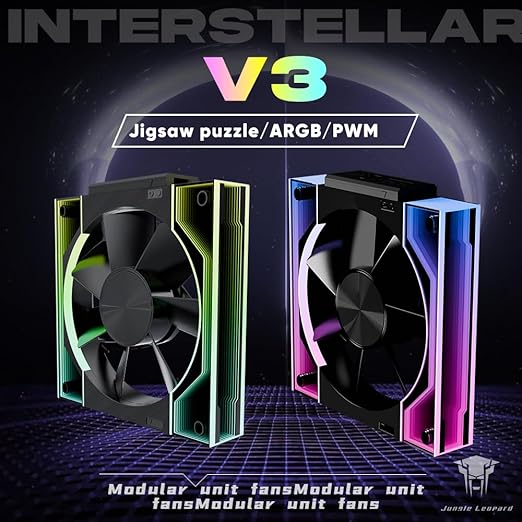 Jungle Leopard Interstellar V3 120mm PC Case Fan Infinity Mirror Module Daisy-Chain 120mm RGB PWM Fan Triple Pack Suitable for Computer Case & 360mm AIO Cooler(Black-3Pack