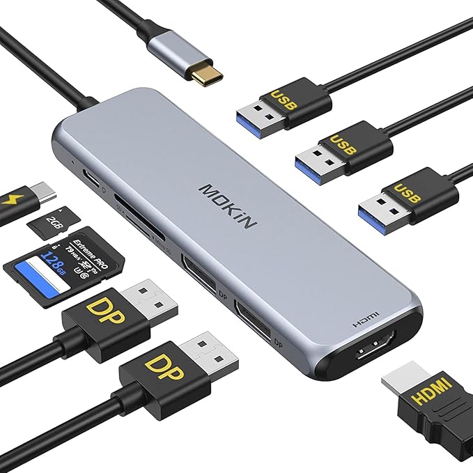 Docking Station Dual DisplayPort, MOKiN USB C Hub Dongle with 2 DP, HDMI, 3 USB A 3.0, SD & Micro SD Slot, PD Charging Port for MacBook/Dell XPS/Steam Deck/HP/Lenovo ThinkPad/Microsoft Surface