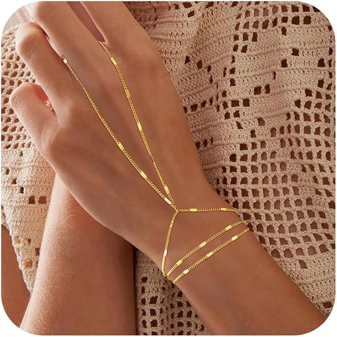 Yoosteel Hand Chain Bracelet for Women - Valentines Gifts Dainty 14K-Gold-Plated Finger Ring Hand Chains Layered Trendy Link Bracelets Jewelry Gift for Women