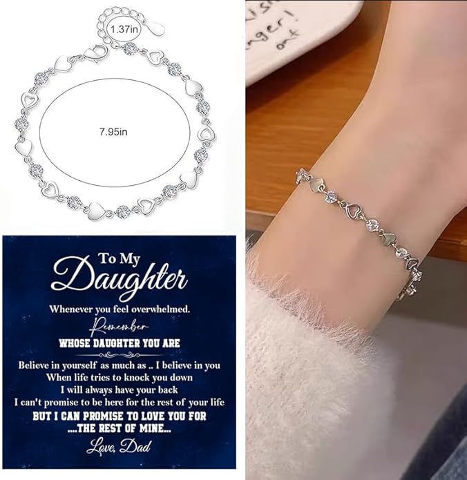 To My Daughter Bracelet, Silver Heart Chain Bracelet with Shiny Stones, Perfect Birthday or Graduation Christmas Gift for Daughter with Message Card Gift Box