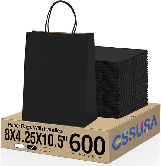 GSSUSA 600 Pack 8x4.25x10'' Paper Bags with Handles Bulk, Black Paper Gift Bags for Small Business