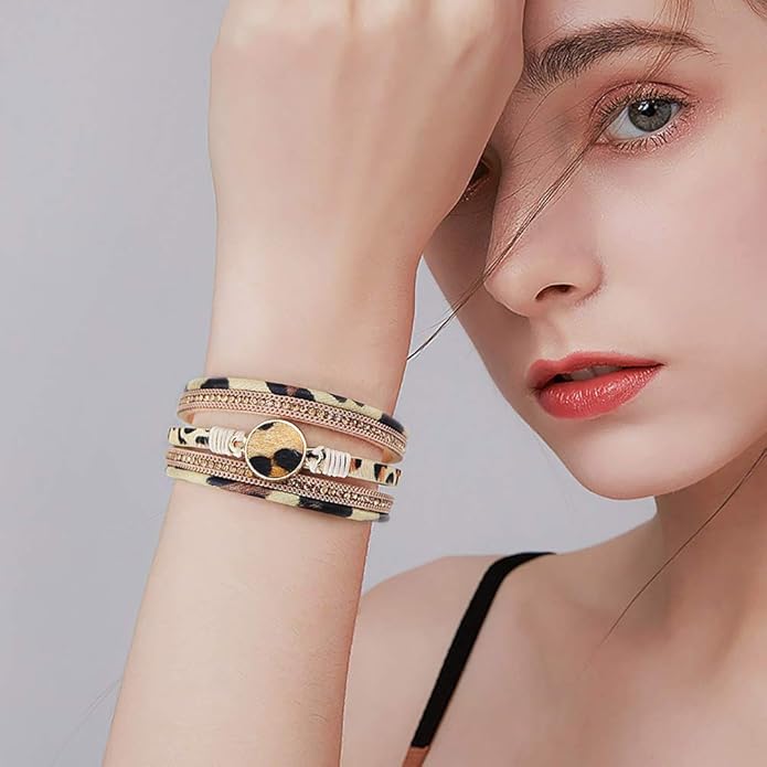 Wowanoo 3Pack Leather Cuff Bracelet Set Multilayer Wrap Bracelet Crystal Feather Tree Bracelet Magnetic Clasp Bracelet for Women