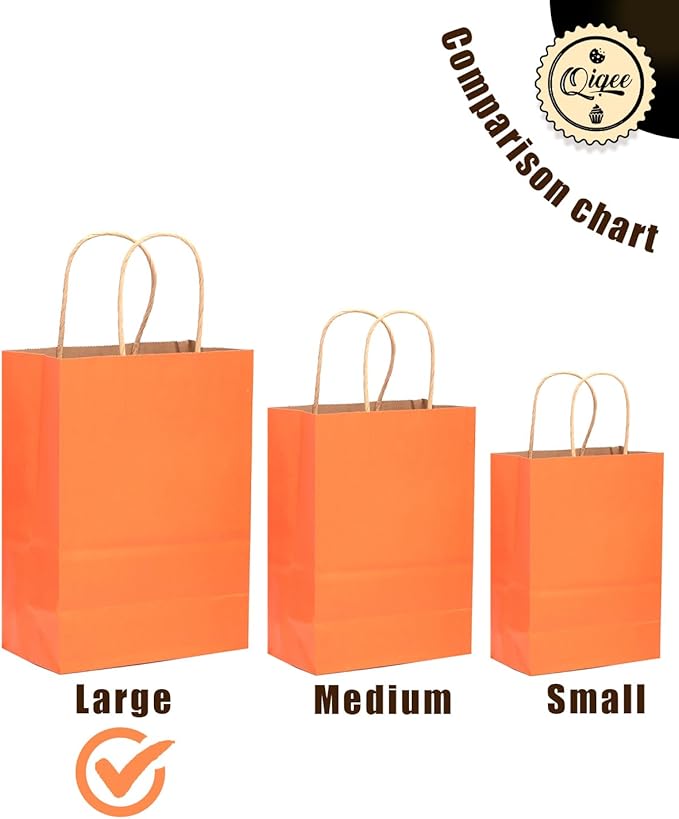 qiqee Large Kraft Paper Bags with Handles 13"x10"x5" 32pcs Gift Paper Bag Orange Solid Color Bags（Large Size）