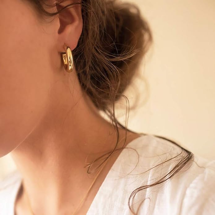sovesi Chunky Gold Hoop Earrings for Women with 925 Sterling Silver Post, 14K Gold Plated Small Thick Gold Hoops Earrings for Women