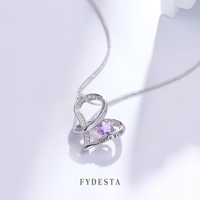 Enduring Hearts Purple Zircon Necklace for Women - 14K Gold Plated Copper Infinity Pendant, Dainty Everyday Jewelry