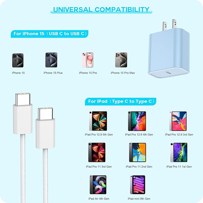 【Apple MFi Certified】20W USB C Fast Charger iPhone 16 15 Charge Block 3Pack 6 FT TypeC Fast Charger Cable for iPhone 16/16 Pro/16 Pro Max/iPhone 15/15 Pro Max/15 Plus All USB C Charging Devices(Blue)
