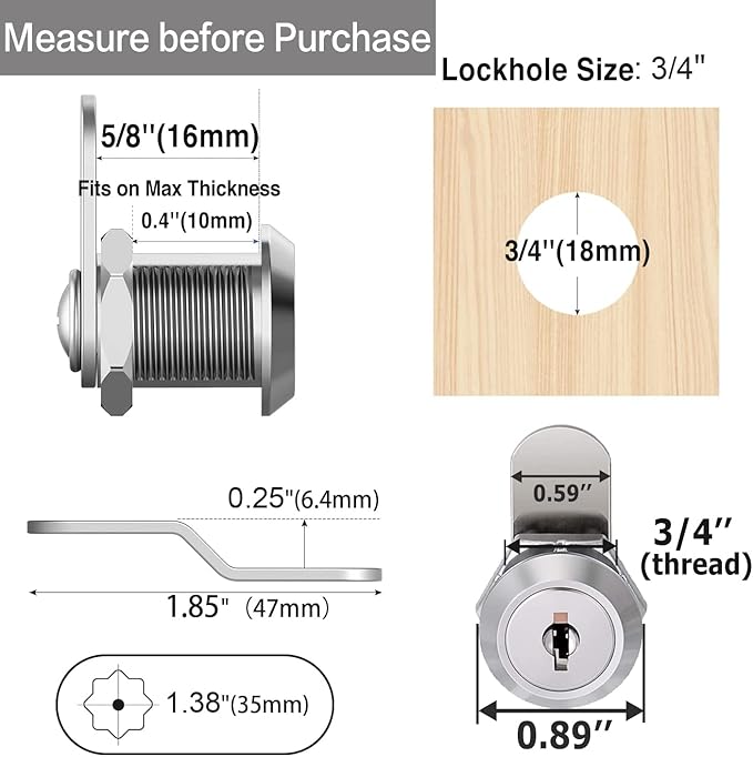 Cabinet Cam Locks Keyed Alike, 5/8'' Fits on 3/8'' Max Door Thickness, Secure File Drawer Mailbox RV Storage Replacement Set, Zinc Alloy (5/8 Inch 6Pcs)