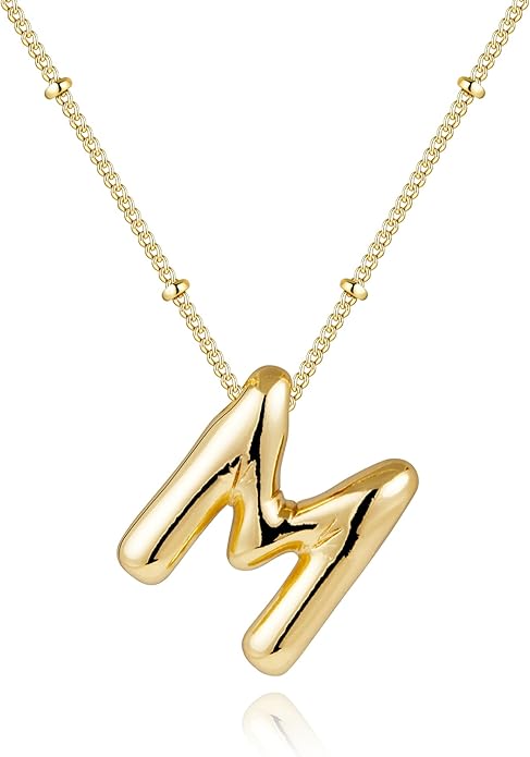 Inerney Valentines Day Gifts Gold Bubble Letter Necklace Initial Necklaces for Women, Chunky 14K Plated Balloon Initials, Trendy Charm Non Tarnish Custom Name Pendant Jewelry Gifts for Mom