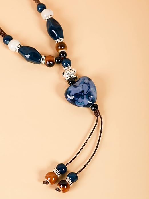 MINACHI Boho Hippie Colorful Ceramic Heart Bead Strand Necklace, Bohemian Summer Statement Jewelry Gift for Women