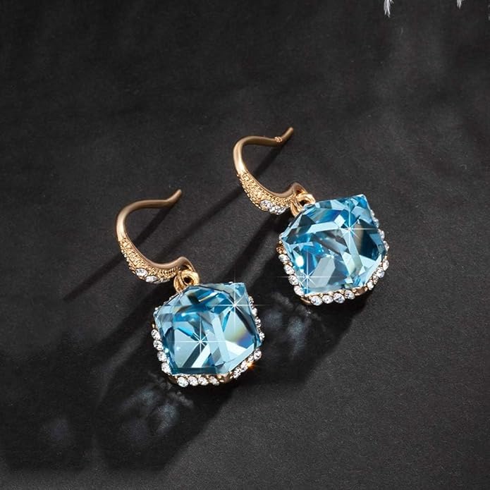 Austrian Crystal Cube Drop Dangle Earrings for Women 14K Gold Plated Hypoallergenic Jewelry