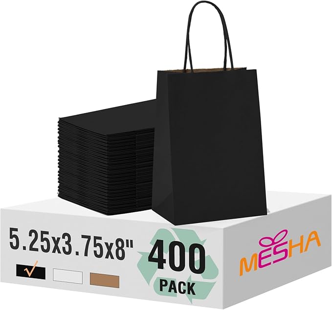 MESHA Gift Paper Bags 400 PACK 5.25x3.75x8 Inch Black Small Shopping Kraft Bags Bulk with Handles Reusable for Business,Grocery,Birthday,Wedding,Kids Party,Favors