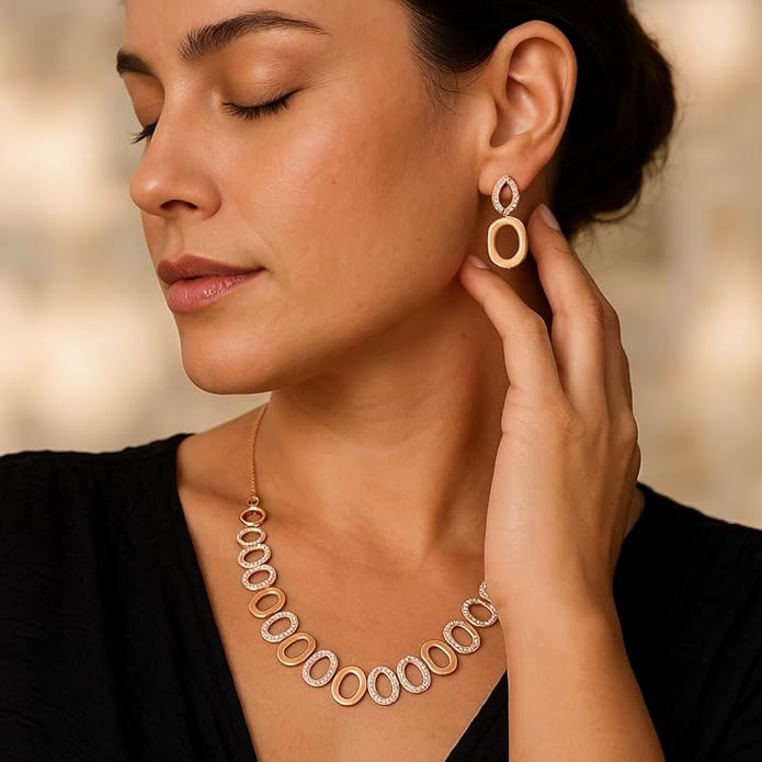 Nilu's Collection American Diamond Stone Studded | Rose Gold/Silver Plated | Anti Tarnish Jewellery Set for Women | Matching Earrings Perfect for Weddings and Special Occasions