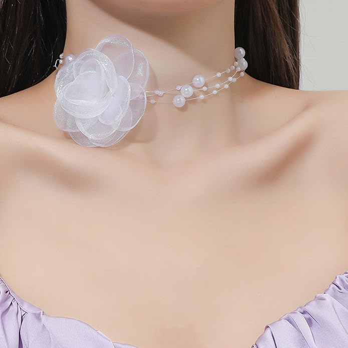 Boho Flower Pearl Choker Necklace for Floral Choker,Women Dainty Pearl Beaded Chain Collar Necklace Flower Necklace for Women Trendy Jewelry