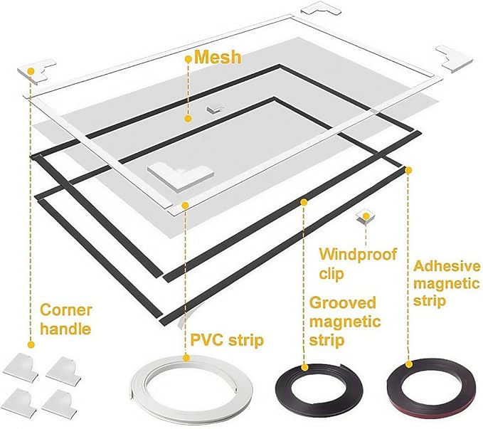 VKX Adjustable DIY Magnetic Window Screen, Fiberglass Mesh, Strong(720GS) Magnetic Strips, White Frames Grey Mesh, Suitable for Various Types of Screen Windows (59"x39")