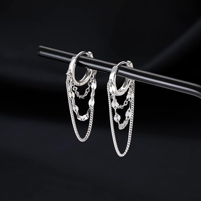 Reffeer Solid 925 Sterling Silver Chain Drop Earrings Hoop for Women Teens Hoop Earrings Tassel Chain Huggie Dangle Earrings