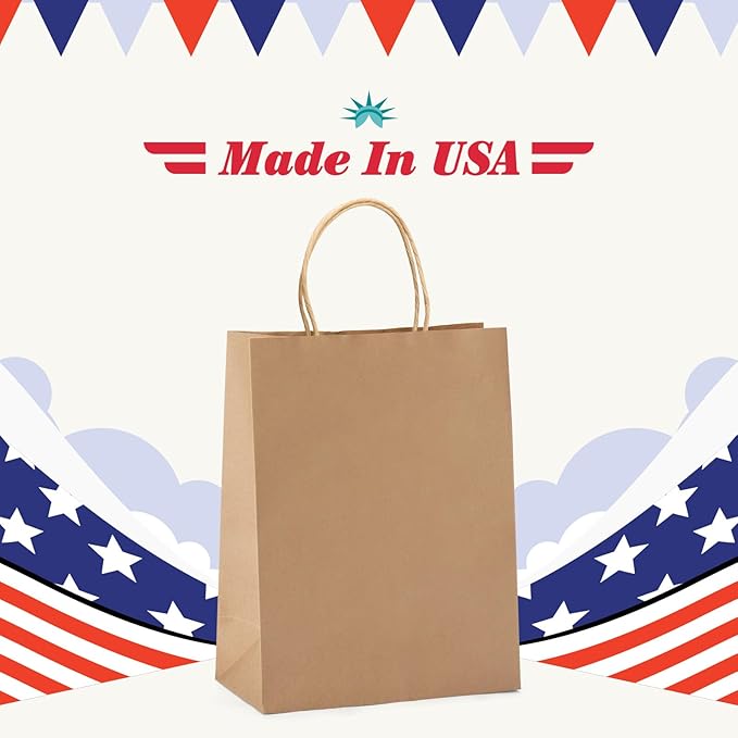 GSSUSA 100 Pack 8x4.25x10'' Paper Bags with Handles Bulk, Brown Paper Gift Bags for Small Business, Sturdy Retail Shopping, Birthday Wedding Party Favor, Craft, Kraft(Made in USA)